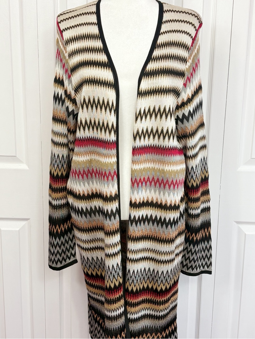 NWT Chico's Metallic Gold Crimson Flame Stitch Longline Cardigan Sweater XL